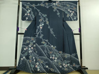 平和屋着物●極上　訪問着　絞り　枝垂れ花　深縹色地　金彩　逸品　未使用　DZAB3810kh6