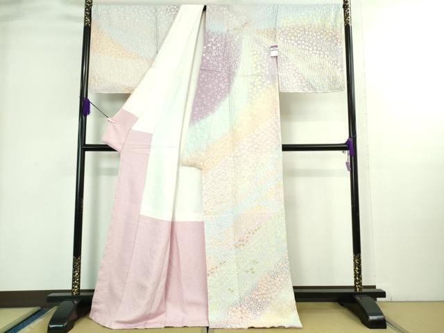 平和屋本店●極上 訪問着 東雲絞り 相良刺繍 笹花文 暈し染め 金糸 銀通し地 逸品 未使用 DZAB3812kh6