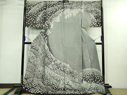 平和屋本店●極上 訪問着 東雲絞り 相良刺繍 草花文 暈し染め 金糸 銀通し地 ロング丈 逸品 未使用 DZAB3814kh6