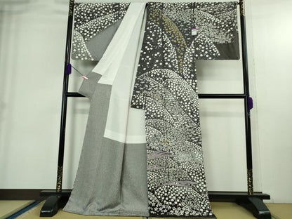 平和屋本店●極上 訪問着 東雲絞り 相良刺繍 草花文 暈し染め 金糸 銀通し地 ロング丈 逸品 未使用 DZAB3814kh6