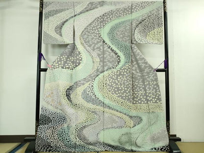 平和屋本店●極上 訪問着 東雲絞り 相良刺繍 流水笹花文 暈し染め 金糸 銀通し地 ロング丈 逸品 未使用 DZAB3815kh6