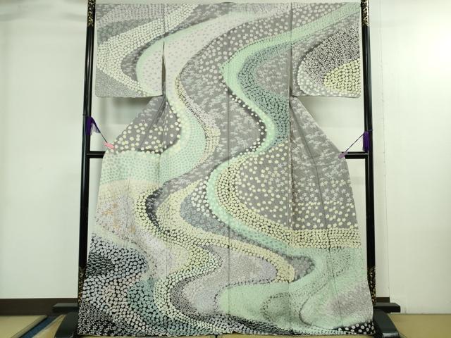 平和屋本店●極上 訪問着 東雲絞り 相良刺繍 流水笹花文 暈し染め 金糸 銀通し地 ロング丈 逸品 未使用 DZAB3815kh6