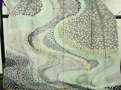 平和屋本店●極上 訪問着 東雲絞り 相良刺繍 流水笹花文 暈し染め 金糸 銀通し地 ロング丈 逸品 未使用 DZAB3815kh6
