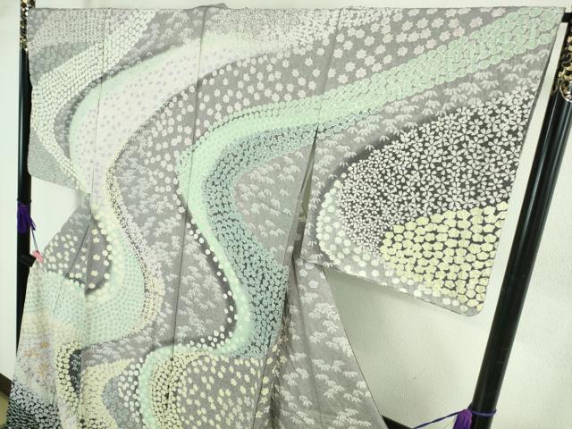 平和屋本店●極上 訪問着 東雲絞り 相良刺繍 流水笹花文 暈し染め 金糸 銀通し地 ロング丈 逸品 未使用 DZAB3815kh6