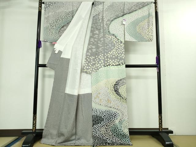 平和屋本店●極上 訪問着 東雲絞り 相良刺繍 流水笹花文 暈し染め 金糸 銀通し地 ロング丈 逸品 未使用 DZAB3815kh6