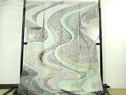 平和屋本店●極上 訪問着 東雲絞り 相良刺繍 流水花文 暈し染め 金糸 銀通し地 ロング丈 逸品 未使用 DZAB3816kh6