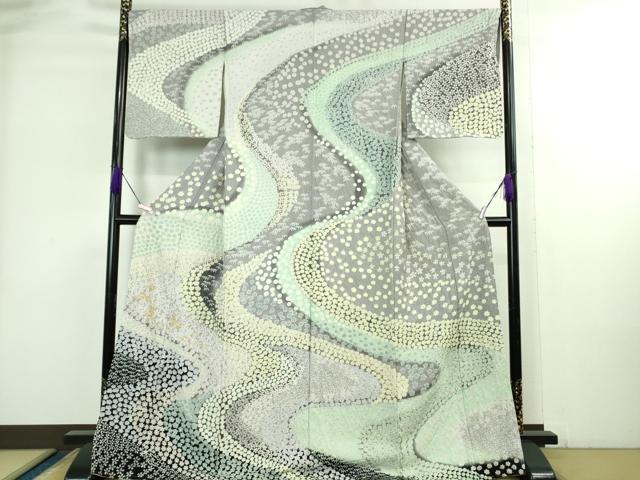 平和屋本店●極上 訪問着 東雲絞り 相良刺繍 流水花文 暈し染め 金糸 銀通し地 ロング丈 逸品 未使用 DZAB3816kh6