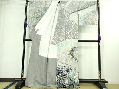 平和屋本店●極上 訪問着 東雲絞り 相良刺繍 流水花文 暈し染め 金糸 銀通し地 ロング丈 逸品 未使用 DZAB3816kh6
