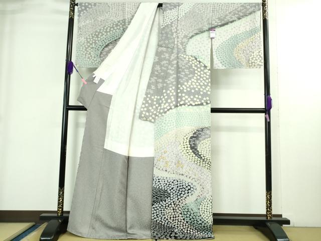 平和屋本店●極上 訪問着 東雲絞り 相良刺繍 流水花文 暈し染め 金糸 銀通し地 ロング丈 逸品 未使用 DZAB3816kh6