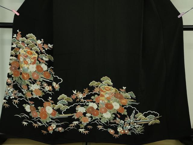 平和屋本店●極上 創業460年・千總 黒留袖 駒刺繍 貝桶吉祥花文 金彩 逸品 DZAB3817kh6