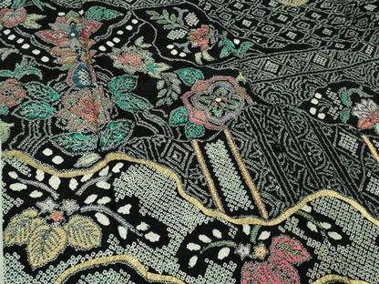 平和屋本店●極上 振袖 絞り 名物裂草花文 金銀彩 黒地 逸品 DZAB3818kh6