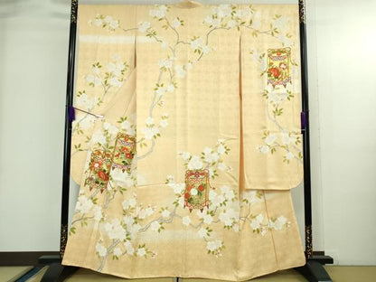 平和屋本店●極上 振袖 駒刺繍 貝桶枝桜 蜂蜜色地 金彩 逸品 DZAB3821kh6