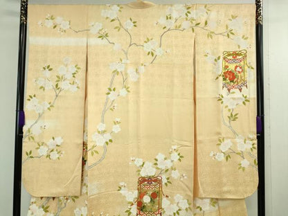 平和屋本店●極上 振袖 駒刺繍 貝桶枝桜 蜂蜜色地 金彩 逸品 DZAB3821kh6