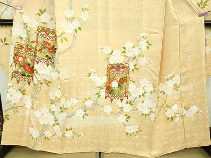 平和屋本店●極上 振袖 駒刺繍 貝桶枝桜 蜂蜜色地 金彩 逸品 DZAB3821kh6