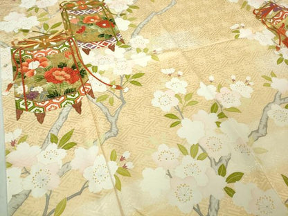 平和屋本店●極上 振袖 駒刺繍 貝桶枝桜 蜂蜜色地 金彩 逸品 DZAB3821kh6