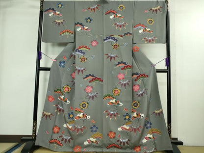 平和屋着物●極上　小紋　紅型　松竹梅　鉛色地　逸品　DZAB3823kh6