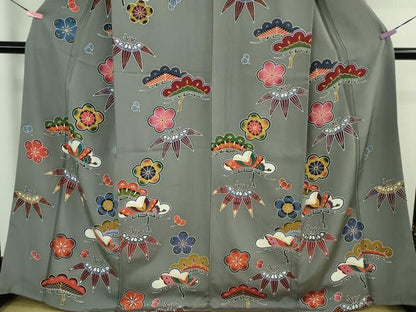 平和屋着物●極上　小紋　紅型　松竹梅　鉛色地　逸品　DZAB3823kh6