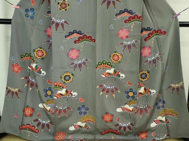 平和屋着物●極上　小紋　紅型　松竹梅　鉛色地　逸品　DZAB3823kh6