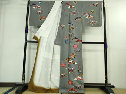 平和屋着物●極上　小紋　紅型　松竹梅　鉛色地　逸品　DZAB3823kh6