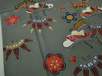 平和屋着物●極上　小紋　紅型　松竹梅　鉛色地　逸品　DZAB3823kh6