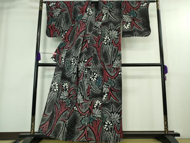 平和屋着物∴極上 夏物 浴衣 有松鳴海絞り 草花文 黒地 綿 逸品 DZAB3826kh6