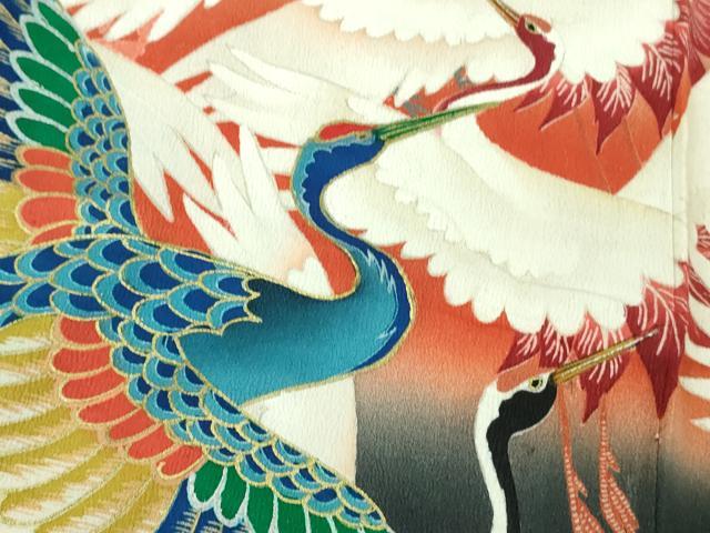 平和屋本店▽極上 アンティーク 単衣 大正ロマン 振袖 駒刺繍 飛鶴文 暈し染め 黒地 金彩 逸品 DZAB3827kh6