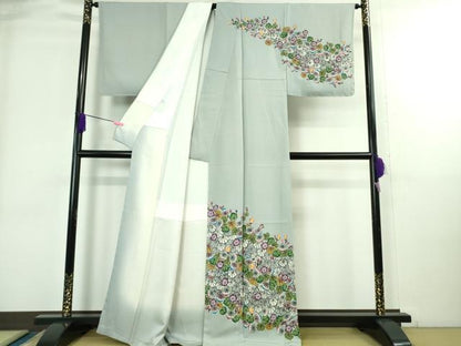 平和屋本店●最高級　城間栄順　本場琉球紅型　訪問着　草花文　秘色色地　逸品　未使用　DZAB3831kh6