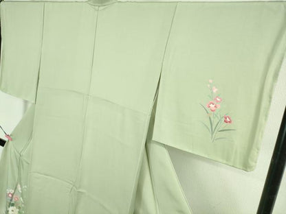 平和屋着物●極上　訪問着　友禅　作家物　枝花文　白緑色地　暈し染め　反端付き　逸品　未使用　DZAB3832kh6