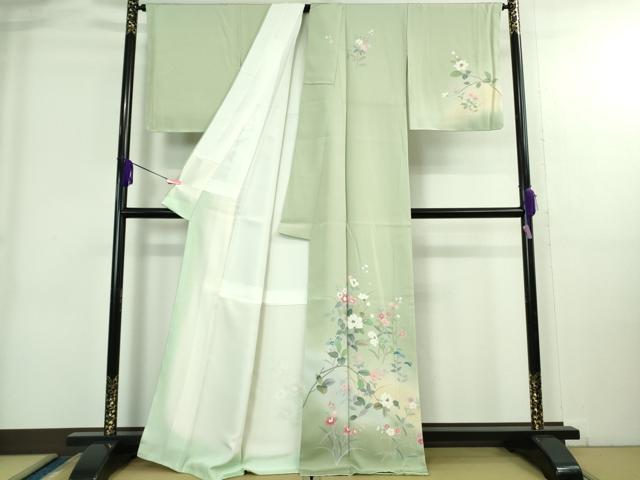 平和屋着物●極上　訪問着　友禅　作家物　枝花文　白緑色地　暈し染め　反端付き　逸品　未使用　DZAB3832kh6