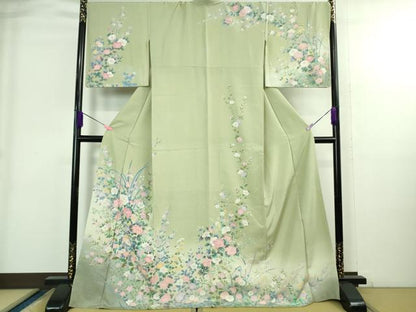 平和屋本店●極上 訪問着 友禅 草花文 夏虫色地 暈し染め 金彩 ロング丈 逸品 未使用 DZAB3833kh6