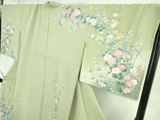 平和屋本店●極上 訪問着 友禅 草花文 夏虫色地 暈し染め 金彩 ロング丈 逸品 未使用 DZAB3833kh6