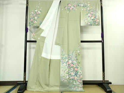 平和屋本店●極上 訪問着 友禅 草花文 夏虫色地 暈し染め 金彩 ロング丈 逸品 未使用 DZAB3833kh6