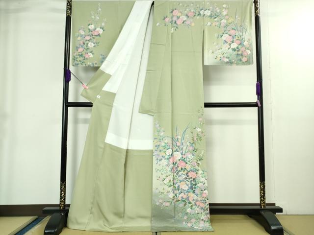 平和屋本店●極上 訪問着 友禅 草花文 夏虫色地 暈し染め 金彩 ロング丈 逸品 未使用 DZAB3833kh6