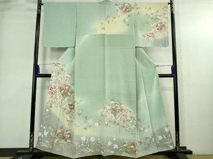 平和屋着物●極上　訪問着　松川菱　吉祥花文　柳鼠色地　暈し染め　反端付き　逸品　未使用　DZAB3839kh6
