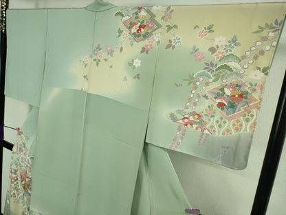 平和屋着物●極上　訪問着　松川菱　吉祥花文　柳鼠色地　暈し染め　反端付き　逸品　未使用　DZAB3839kh6