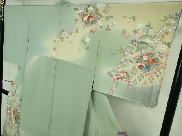 平和屋着物●極上　訪問着　松川菱　吉祥花文　柳鼠色地　暈し染め　反端付き　逸品　未使用　DZAB3839kh6