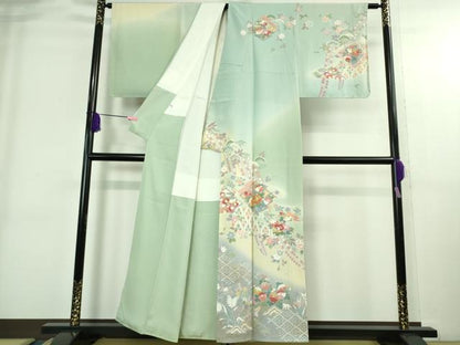 平和屋着物●極上　訪問着　松川菱　吉祥花文　柳鼠色地　暈し染め　反端付き　逸品　未使用　DZAB3839kh6
