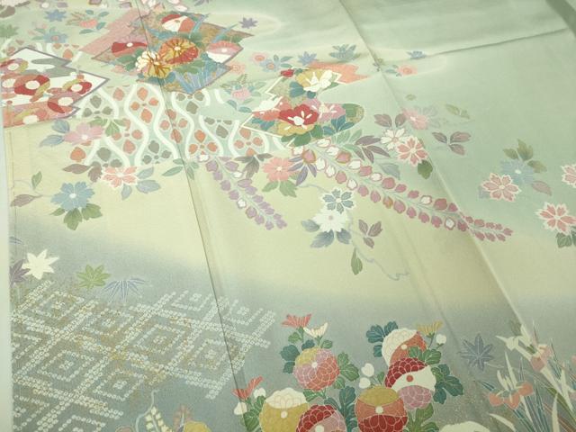 平和屋着物●極上　訪問着　松川菱　吉祥花文　柳鼠色地　暈し染め　反端付き　逸品　未使用　DZAB3839kh6