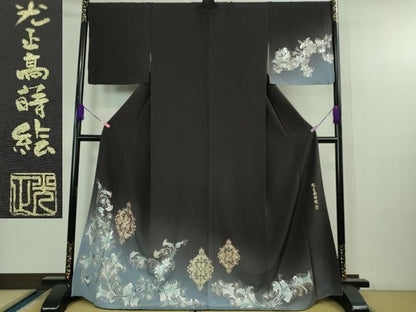 平和屋本店●極上　金彩友禅　卓越技能者・名工・和田光正　光正高蒔絵　訪問着　洋花文　黒紅色地　暈し染め　金銀彩　逸品　DZAB3840kh6