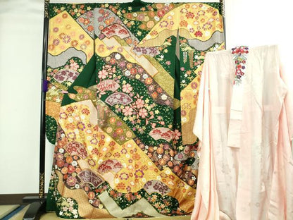 平和屋本店●極上 中国三大刺繍 相良刺繍 振袖・長襦袢(無双仕立て・半衿刺繍)セット 駒刺繍 地紙花文 金彩 逸品 DZAB3844kh6