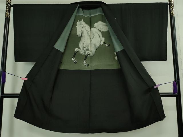 平和屋着物∞極上　男性　紋付き長羽織　羽裏・白馬　逸品　DZAB3853kh6