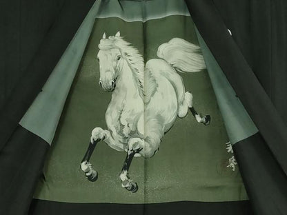 平和屋着物∞極上　男性　紋付き長羽織　羽裏・白馬　逸品　DZAB3853kh6