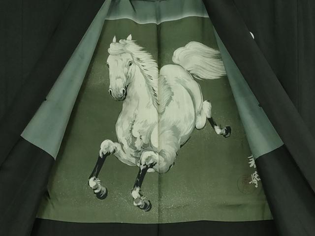 平和屋着物∞極上　男性　紋付き長羽織　羽裏・白馬　逸品　DZAB3853kh6