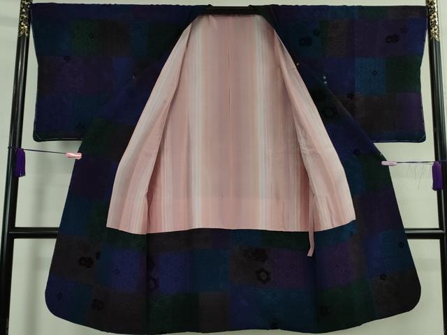 平和屋着物∞極上　道行コート　ロング丈　天鵞絨　輪奈ビロード　市松花文　逸品　未使用　DZAB3858kh6