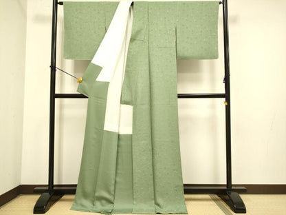 平和屋着物●極上　中国三大刺繍　スワトウ刺繍　汕頭刺繍　総刺繍　無地絵羽訪問着　貝桶花文　濃い山葵色　逸品　未使用　DZAB3870kh6