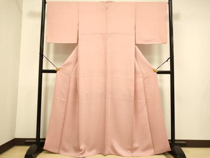 平和屋着物●極上　色無地　草木染　寿光織　霞地紋　洗朱色　反端付き　逸品　DZAB3882kh6