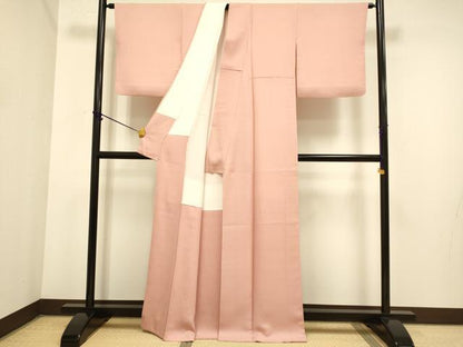 平和屋着物●極上　色無地　草木染　寿光織　霞地紋　洗朱色　反端付き　逸品　DZAB3882kh6