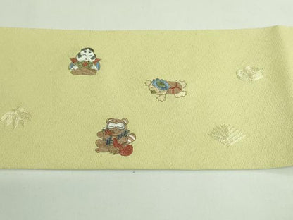 平和屋着物●極上　九寸名古屋帯　総刺繍　招き猫　河童　ダルマ　フクロウ　タヌキ　カエル　縁起物　逸品　DZAB3905kh6