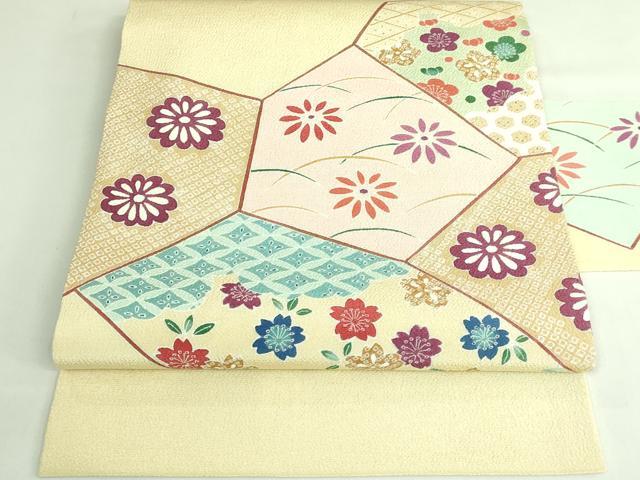 平和屋着物●極上　九寸名古屋帯　切り嵌め花文　鬼しぼ縮緬　逸品　DZAB3908kh6