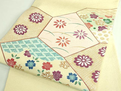 平和屋着物●極上　九寸名古屋帯　切り嵌め花文　鬼しぼ縮緬　逸品　DZAB3908kh6
